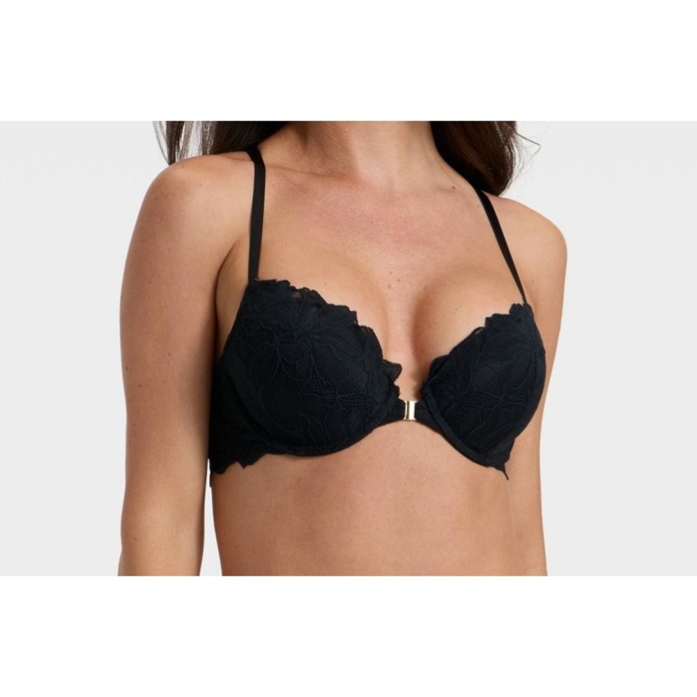 Auden Bra The Radiant Plunge Push-Up Lace Front Closure Lace Overlay Black 34A